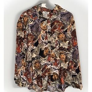Metro Club Silk Blouse Safari Animals Long Tiger Zebra Cheetah Vintage size M